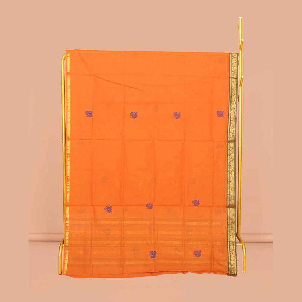 Pothys Orange Venkatagiri Cotton Saree Features Peacock Buttas, a Contrast Zari Border, Pallu of Peacock Buttas and Stripes, and No Blouse