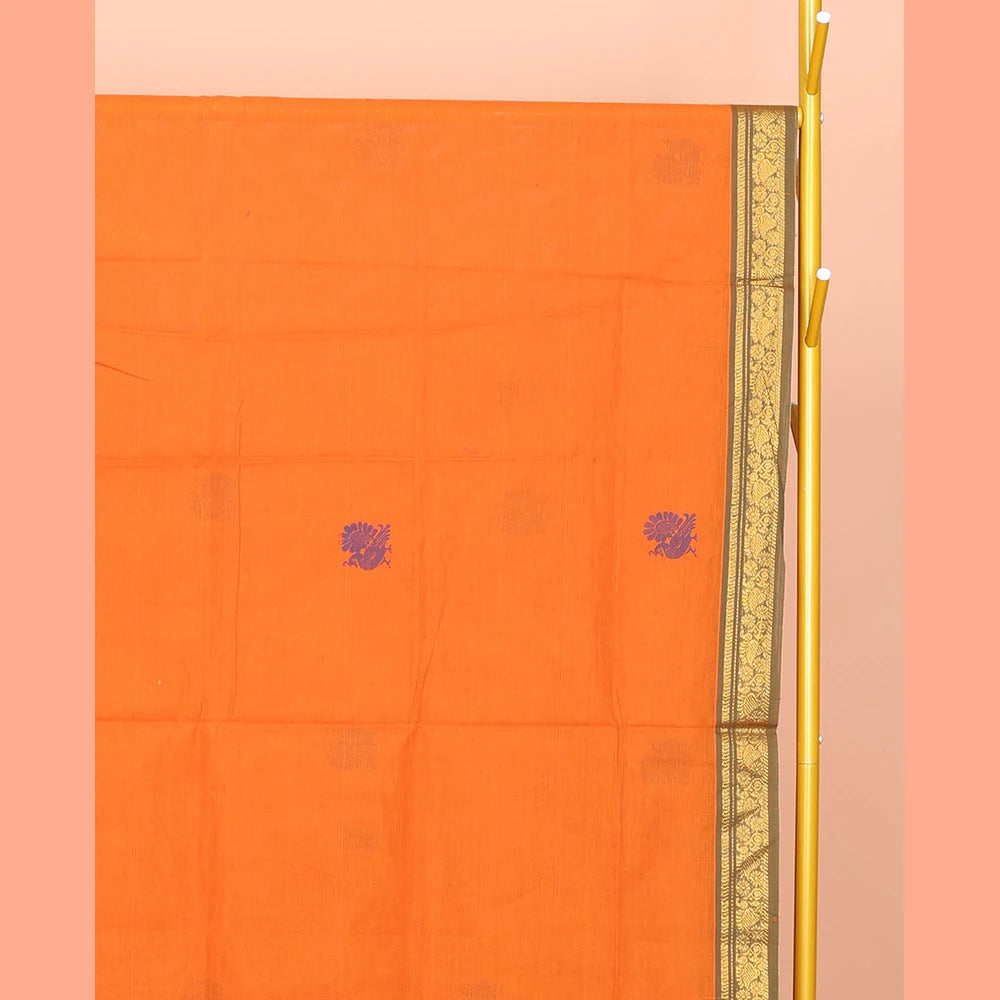 Pothys Orange Venkatagiri Cotton Saree Features Peacock Buttas, a Contrast Zari Border, Pallu of Peacock Buttas and Stripes, and No Blouse