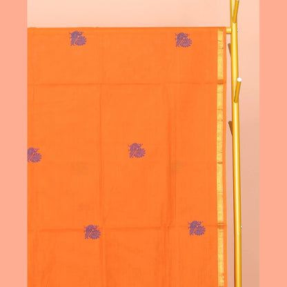Pothys Orange Venkatagiri Cotton Saree Features Peacock Buttas, a Contrast Zari Border, Pallu of Peacock Buttas and Stripes, and No Blouse