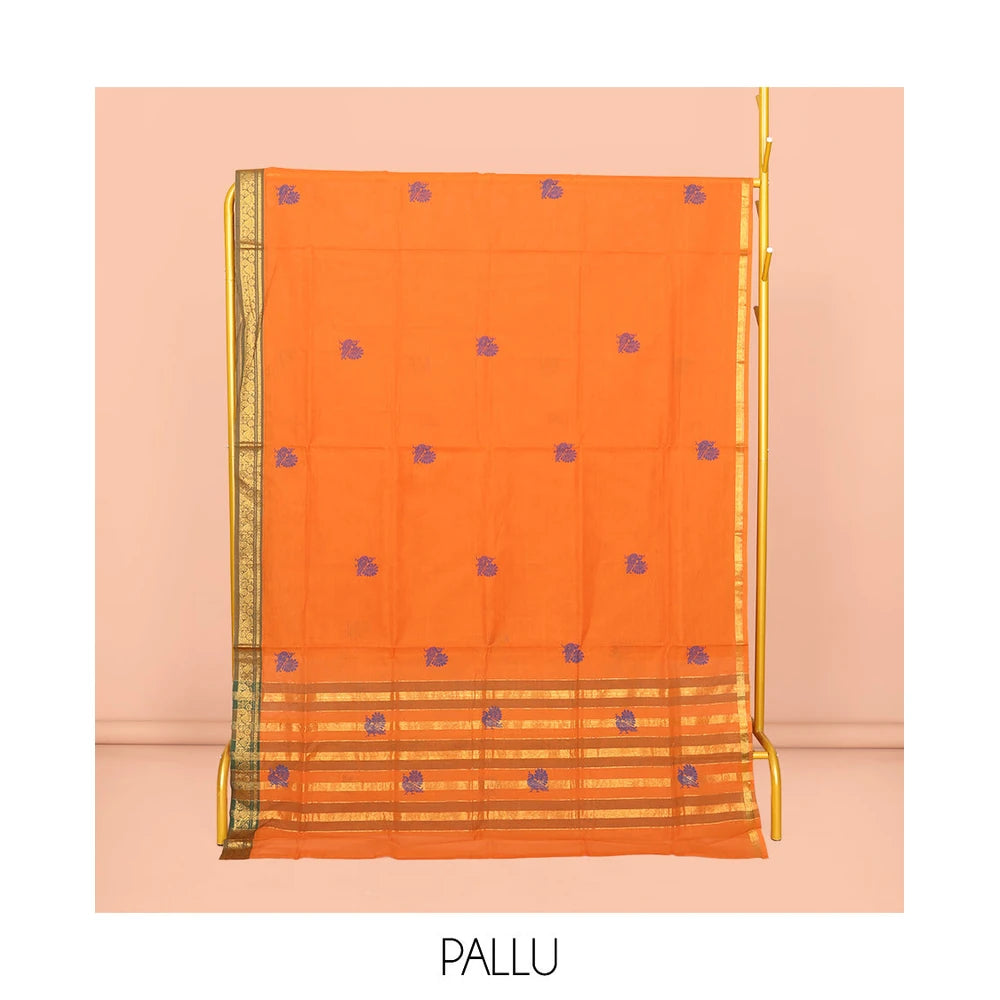 Pothys Orange Venkatagiri Cotton Saree Features Peacock Buttas, a Contrast Zari Border, Pallu of Peacock Buttas and Stripes, and No Blouse
