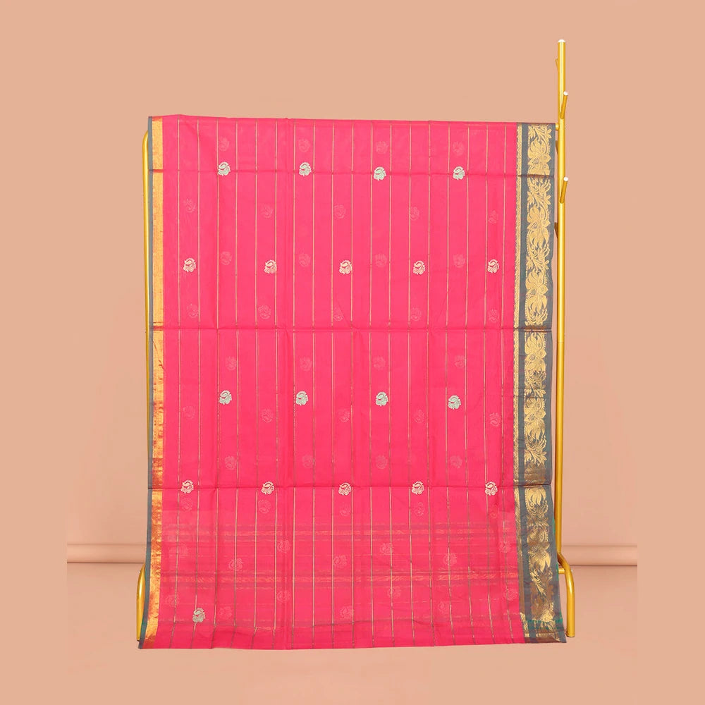 Pothys Pink Venkatagiri Cotton Saree Features Buttas and Stripes, a Contrast Floral Creeper Zari Border, Pallu of Buttas and Stripes, and No Blouse
