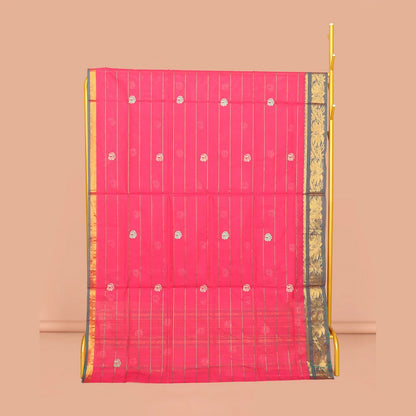 Pothys Pink Venkatagiri Cotton Saree Features Buttas and Stripes, a Contrast Floral Creeper Zari Border, Pallu of Buttas and Stripes, and No Blouse