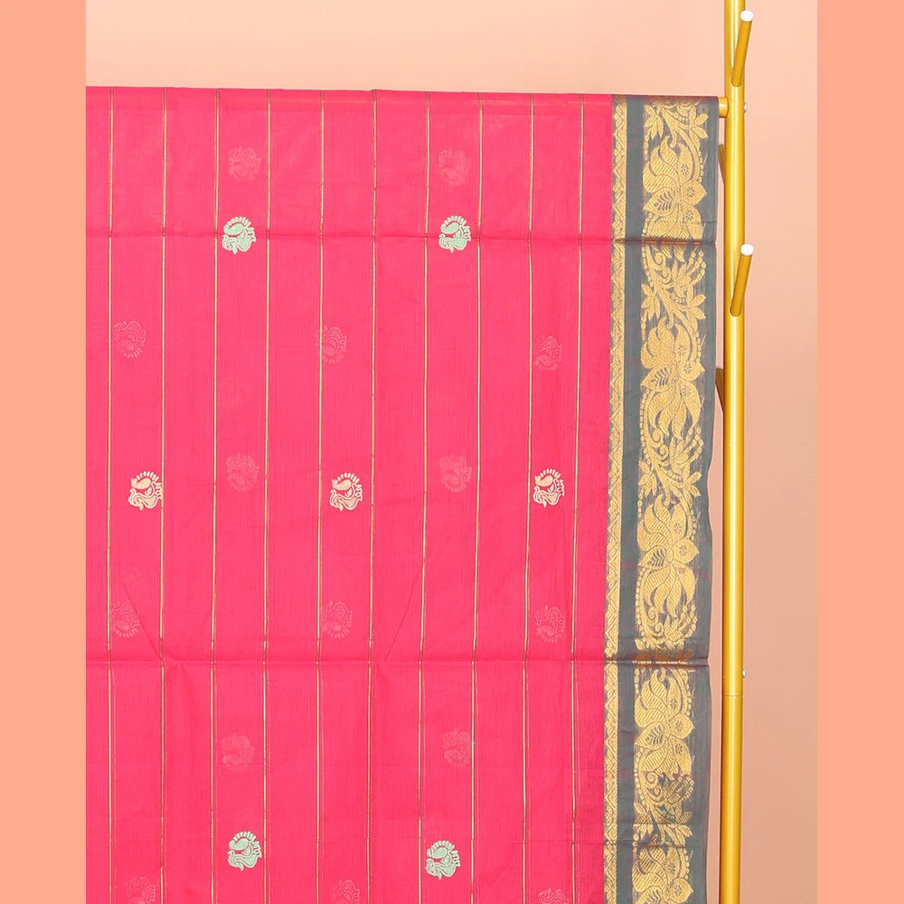 Pothys Pink Venkatagiri Cotton Saree Features Buttas and Stripes, a Contrast Floral Creeper Zari Border, Pallu of Buttas and Stripes, and No Blouse