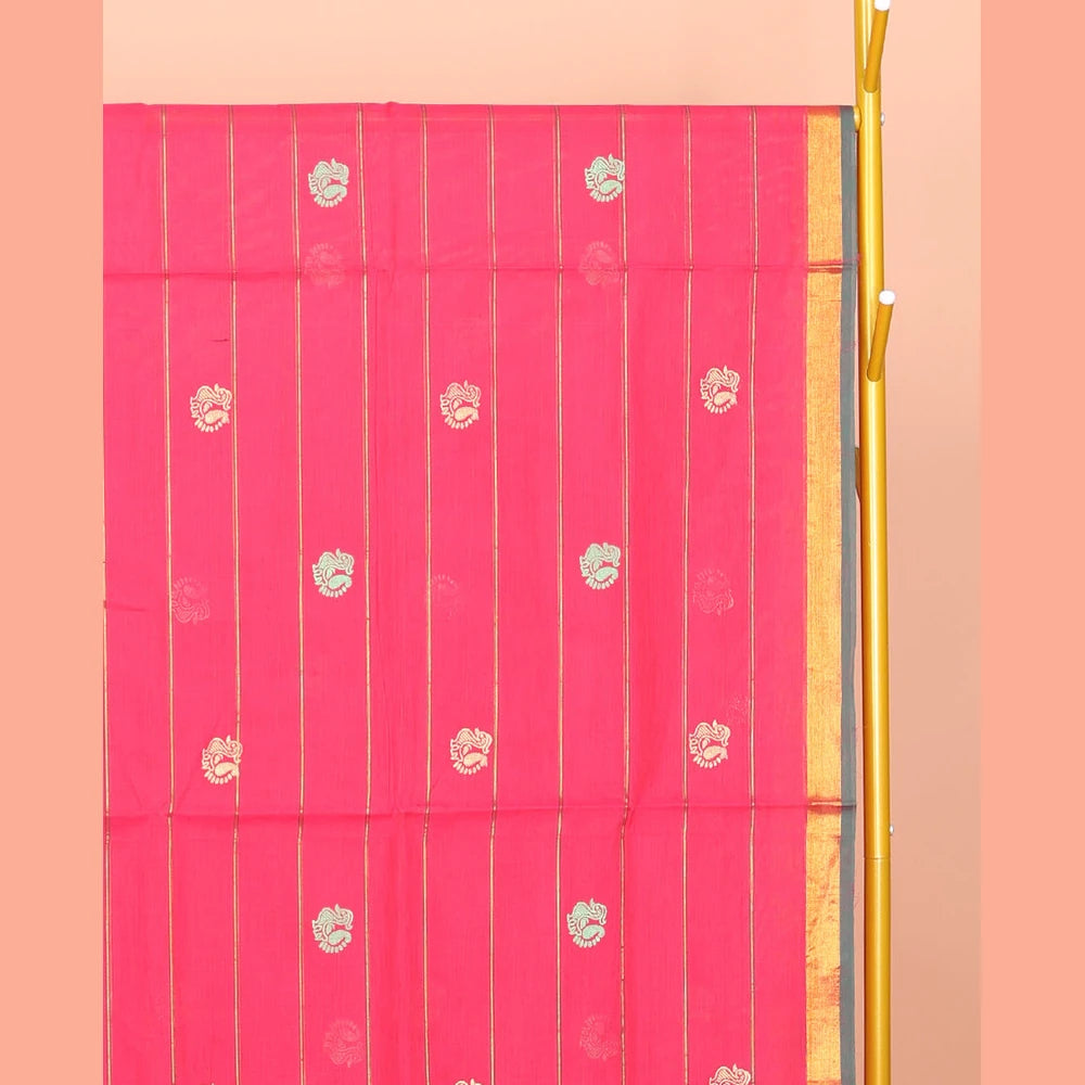 Pothys Pink Venkatagiri Cotton Saree Features Buttas and Stripes, a Contrast Floral Creeper Zari Border, Pallu of Buttas and Stripes, and No Blouse