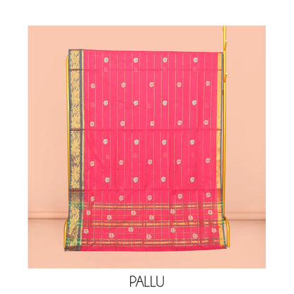 Pothys Pink Venkatagiri Cotton Saree Features Buttas and Stripes, a Contrast Floral Creeper Zari Border, Pallu of Buttas and Stripes, and No Blouse