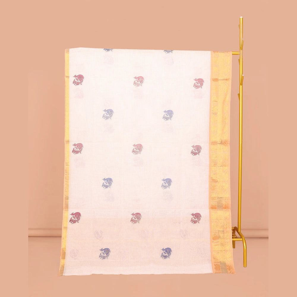 Pothys Off-White Venkatagiri Cotton Saree, Crafted with Peacock Buttas and Checks, a Contrast Traditional Zari Border, Pallu of Peacock Buttas and Stripes, and No Blouse