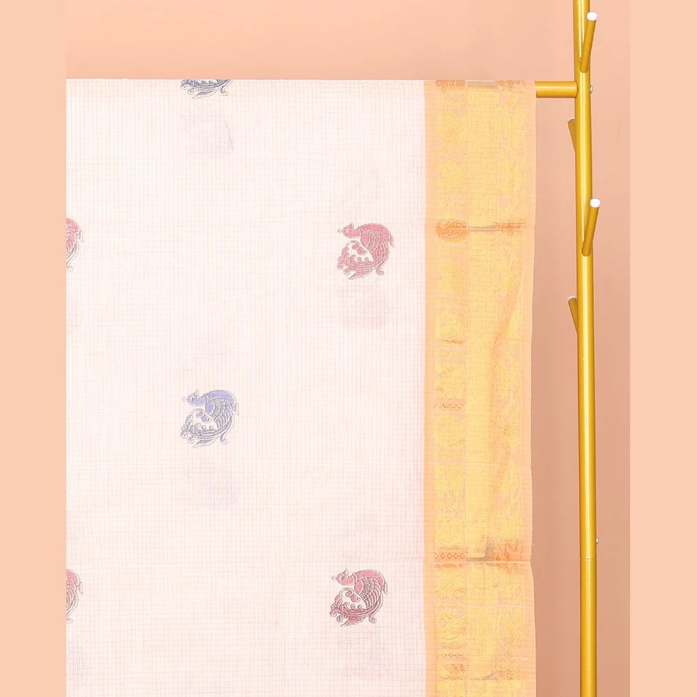 Pothys Off-White Venkatagiri Cotton Saree, Crafted with Peacock Buttas and Checks, a Contrast Traditional Zari Border, Pallu of Peacock Buttas and Stripes, and No Blouse