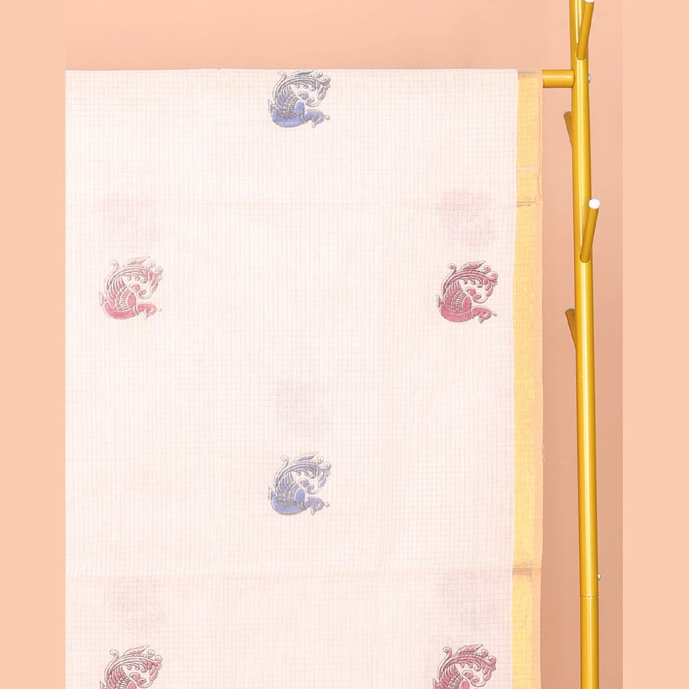 Pothys Off-White Venkatagiri Cotton Saree, Crafted with Peacock Buttas and Checks, a Contrast Traditional Zari Border, Pallu of Peacock Buttas and Stripes, and No Blouse