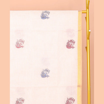 Pothys Off-White Venkatagiri Cotton Saree, Crafted with Peacock Buttas and Checks, a Contrast Traditional Zari Border, Pallu of Peacock Buttas and Stripes, and No Blouse