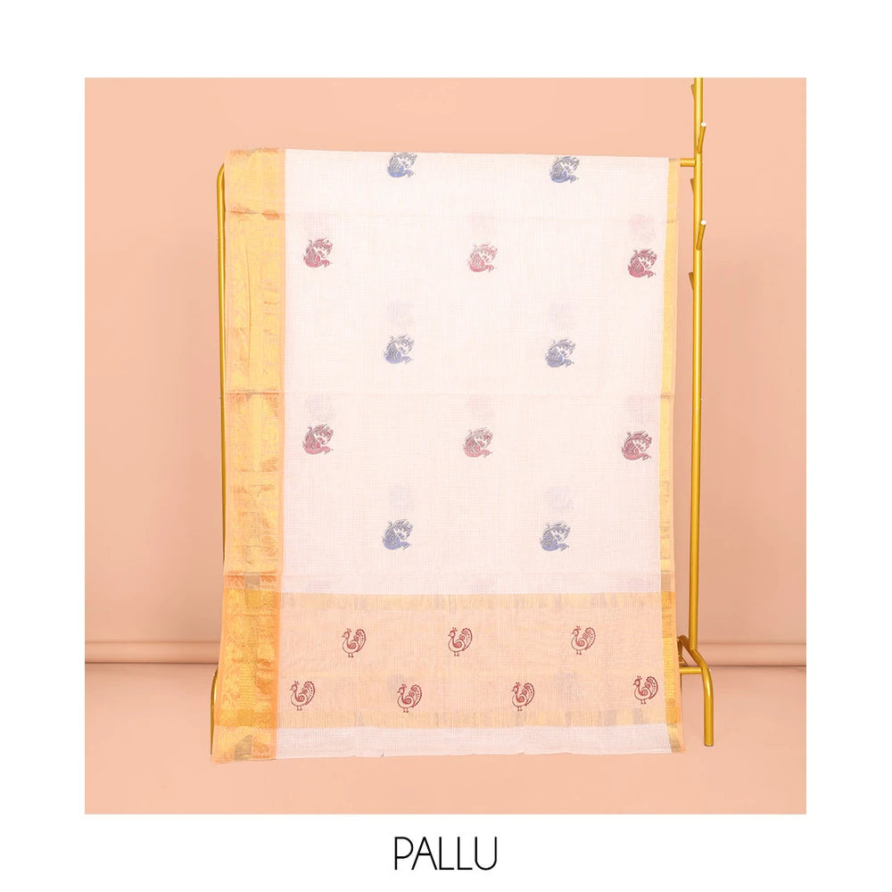 Pothys Off-White Venkatagiri Cotton Saree, Crafted with Peacock Buttas and Checks, a Contrast Traditional Zari Border, Pallu of Peacock Buttas and Stripes, and No Blouse