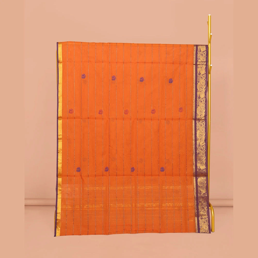 Pothys Orange Venkatagiri Cotton Saree Features Peacock Buttas and Stripes, a Contrast Traditional Zari Border, Pallu of Peacock Buttas and Stripes, and No Blouse