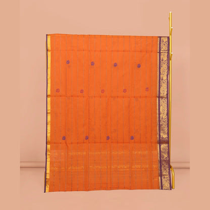 Pothys Orange Venkatagiri Cotton Saree Features Peacock Buttas and Stripes, a Contrast Traditional Zari Border, Pallu of Peacock Buttas and Stripes, and No Blouse