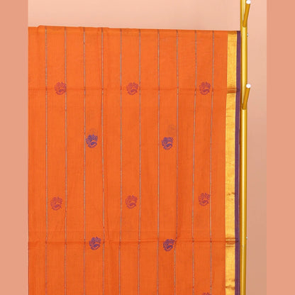 Pothys Orange Venkatagiri Cotton Saree Features Peacock Buttas and Stripes, a Contrast Traditional Zari Border, Pallu of Peacock Buttas and Stripes, and No Blouse