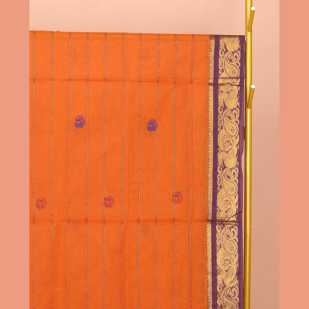 Pothys Orange Venkatagiri Cotton Saree Features Peacock Buttas and Stripes, a Contrast Traditional Zari Border, Pallu of Peacock Buttas and Stripes, and No Blouse