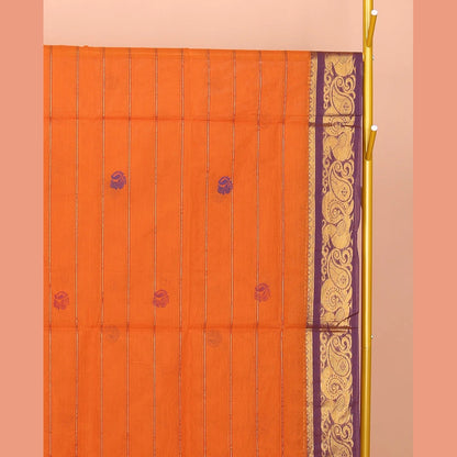Pothys Orange Venkatagiri Cotton Saree Features Peacock Buttas and Stripes, a Contrast Traditional Zari Border, Pallu of Peacock Buttas and Stripes, and No Blouse