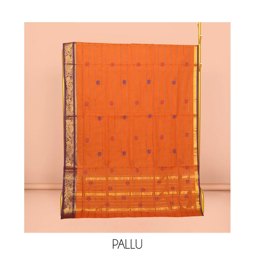 Pothys Orange Venkatagiri Cotton Saree Features Peacock Buttas and Stripes, a Contrast Traditional Zari Border, Pallu of Peacock Buttas and Stripes, and No Blouse