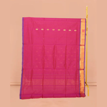 Pothys Pink Venkatagiri Cotton Saree Features Buttas, a Contrast Zari-Thread Border, Pallu of Stripes, and No Blouse