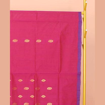 Pothys Pink Venkatagiri Cotton Saree Features Buttas, a Contrast Zari-Thread Border, Pallu of Stripes, and No Blouse