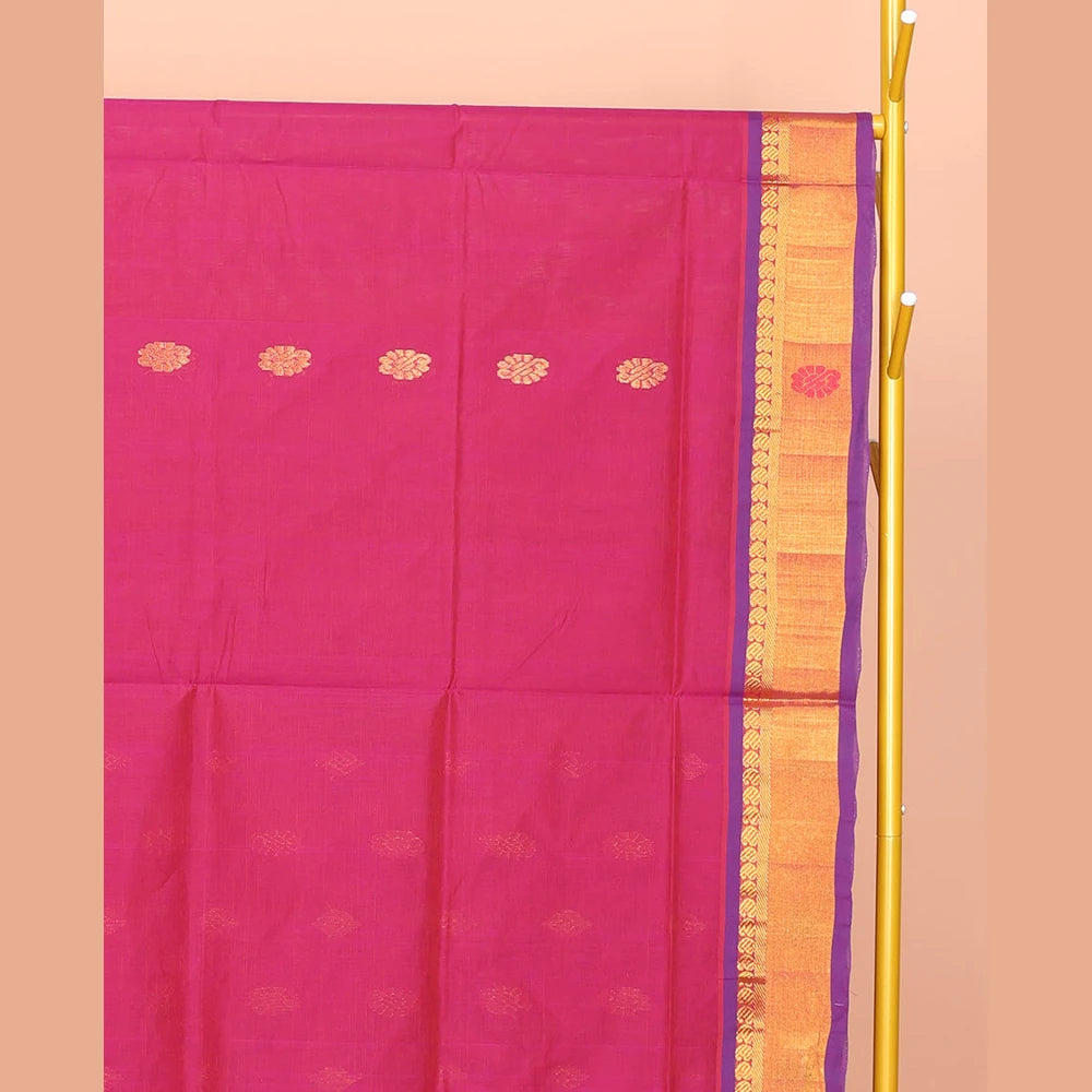 Pothys Pink Venkatagiri Cotton Saree Features Buttas, a Contrast Zari-Thread Border, Pallu of Stripes, and No Blouse
