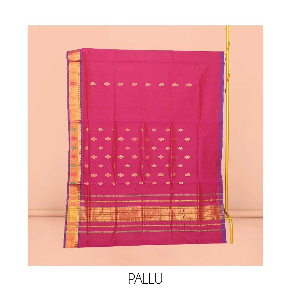 Pothys Pink Venkatagiri Cotton Saree Features Buttas, a Contrast Zari-Thread Border, Pallu of Stripes, and No Blouse
