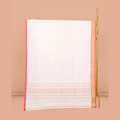 Pothys White Venkatagiri Cotton Saree Subtly Sparkled with Buttas, a Contrast Zari-Thread Border, Pallu of Stripes, and No Blouse