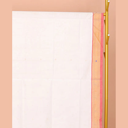 Pothys White Venkatagiri Cotton Saree Subtly Sparkled with Buttas, a Contrast Zari-Thread Border, Pallu of Stripes, and No Blouse