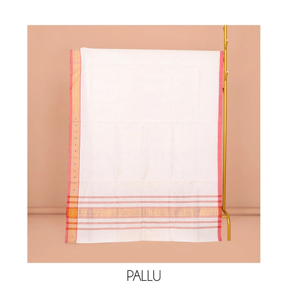 Pothys White Venkatagiri Cotton Saree Subtly Sparkled with Buttas, a Contrast Zari-Thread Border, Pallu of Stripes, and No Blouse