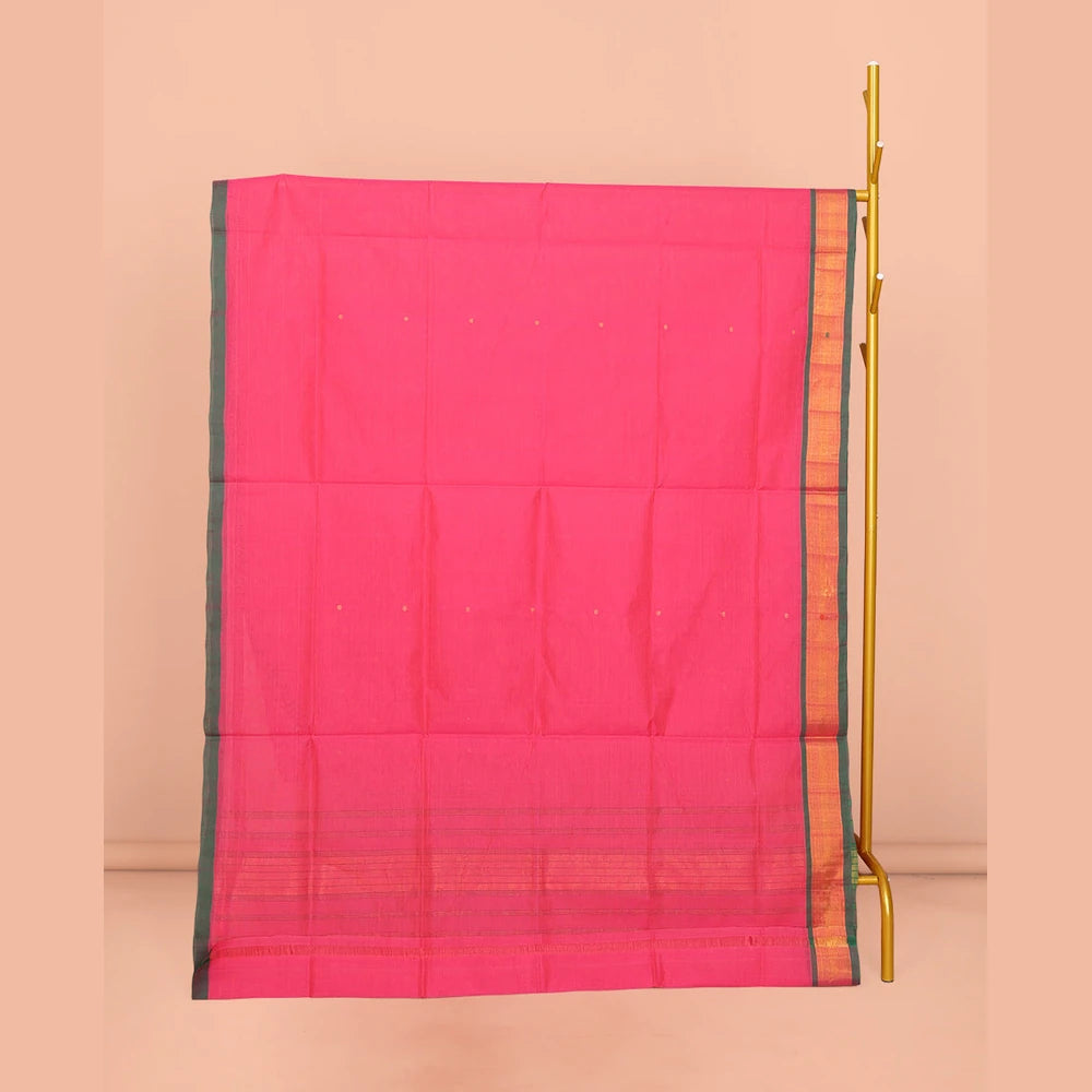 Pothys Pink Venkatagiri Cotton Saree Steeped with Buttas, a Contrast Zari-Thread Border, Pallu of Stripes, and No Blouse