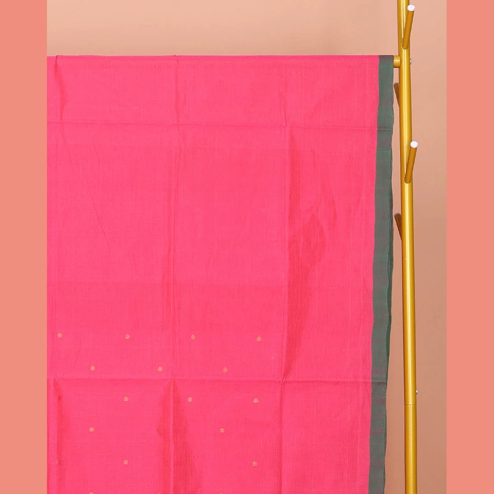 Pothys Pink Venkatagiri Cotton Saree Steeped with Buttas, a Contrast Zari-Thread Border, Pallu of Stripes, and No Blouse