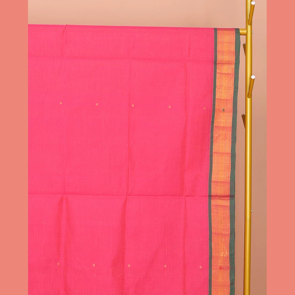 Pothys Pink Venkatagiri Cotton Saree Steeped with Buttas, a Contrast Zari-Thread Border, Pallu of Stripes, and No Blouse