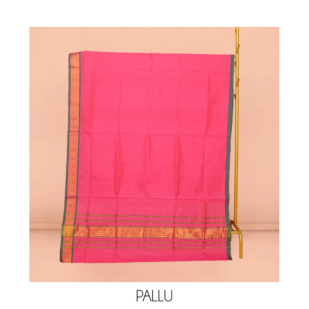 Pothys Pink Venkatagiri Cotton Saree Steeped with Buttas, a Contrast Zari-Thread Border, Pallu of Stripes, and No Blouse