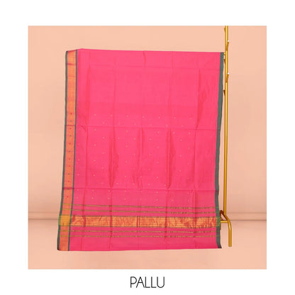 Pothys Pink Venkatagiri Cotton Saree Steeped with Buttas, a Contrast Zari-Thread Border, Pallu of Stripes, and No Blouse