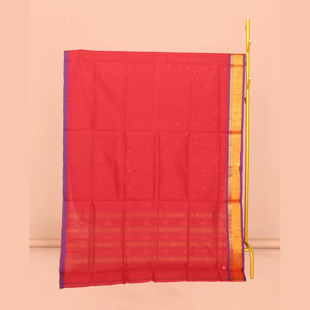 Pothys Red Venkatagiri Cotton Saree Steeped with Buttas, a Contrast Zari-Thread Border, Pallu of Stripes, and No Blouse