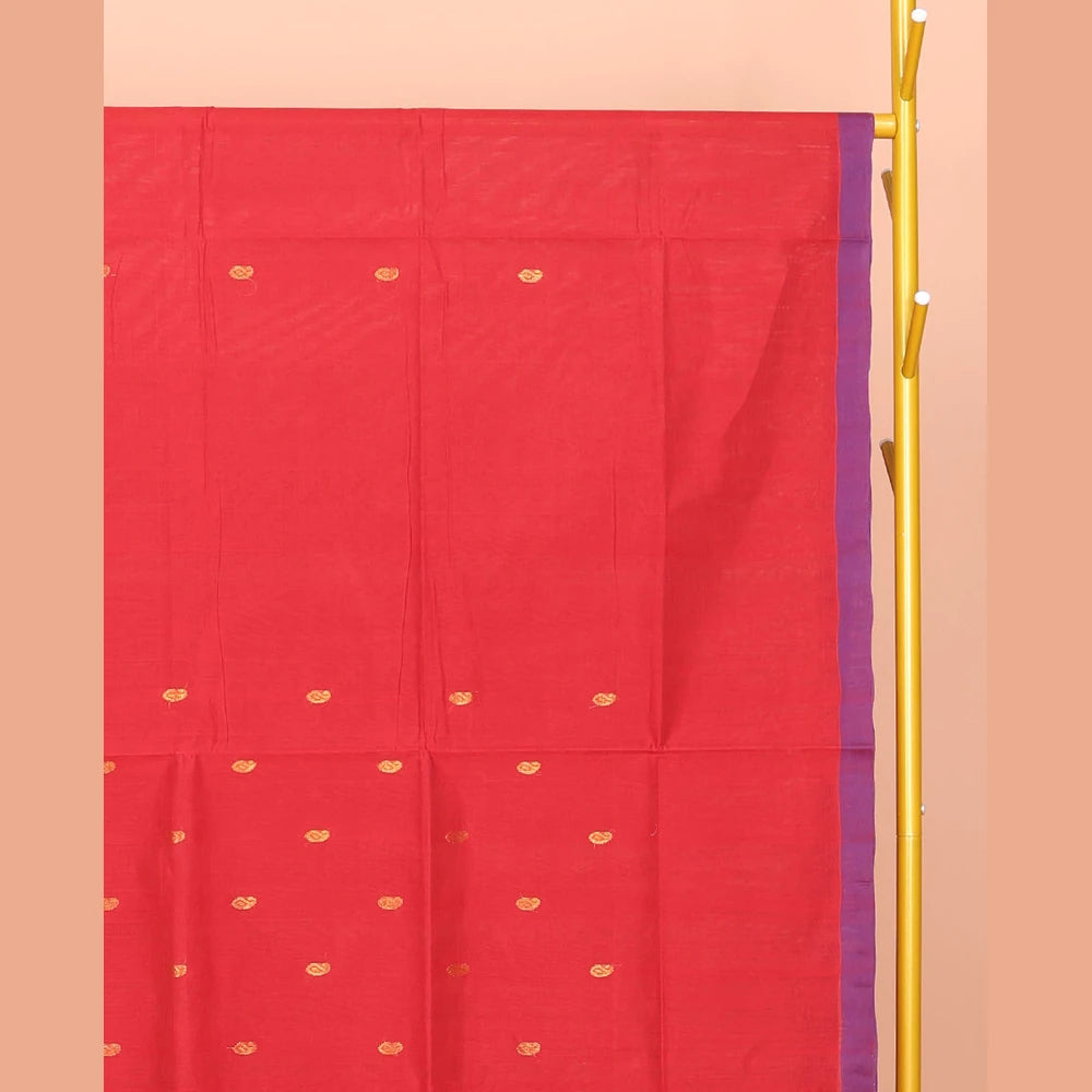 Pothys Red Venkatagiri Cotton Saree Steeped with Buttas, a Contrast Zari-Thread Border, Pallu of Stripes, and No Blouse