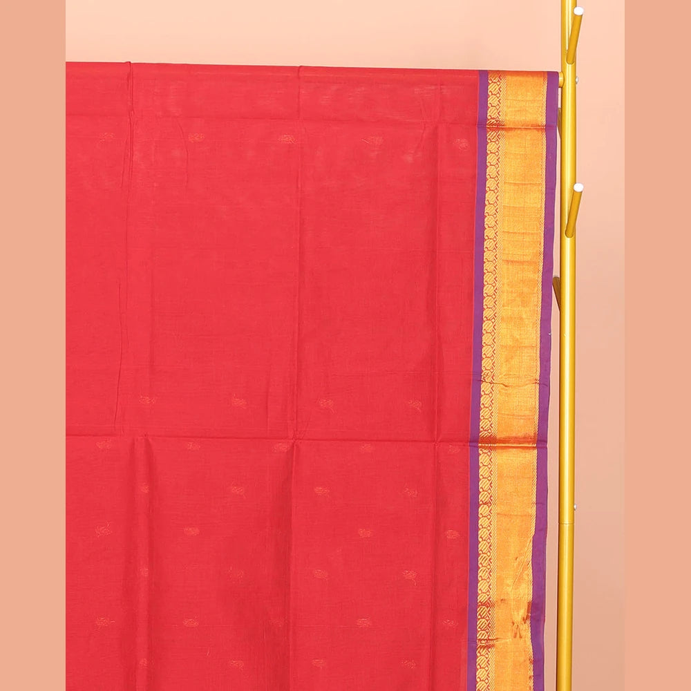 Pothys Red Venkatagiri Cotton Saree Steeped with Buttas, a Contrast Zari-Thread Border, Pallu of Stripes, and No Blouse