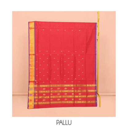Pothys Red Venkatagiri Cotton Saree Steeped with Buttas, a Contrast Zari-Thread Border, Pallu of Stripes, and No Blouse