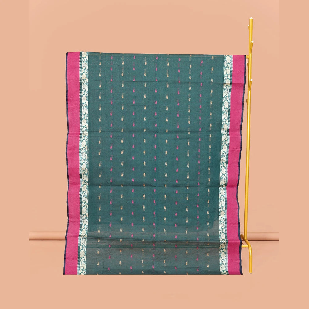 Pothys Green Bengal Cotton Saree Features Thread Buttas, a Contrast Floral Creeper Border, Pallu of Stripes, and Buttas, and a Matching Blouse
