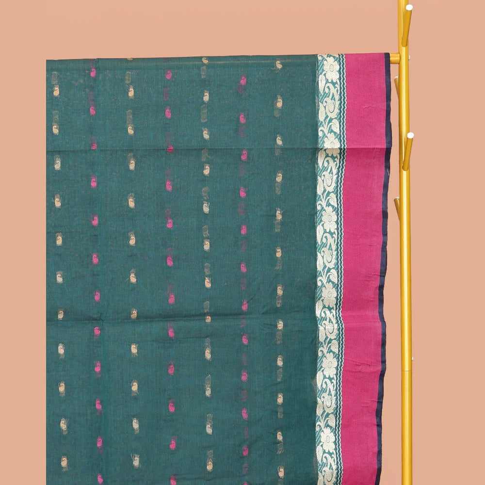 Pothys Green Bengal Cotton Saree Features Thread Buttas, a Contrast Floral Creeper Border, Pallu of Stripes, and Buttas, and a Matching Blouse