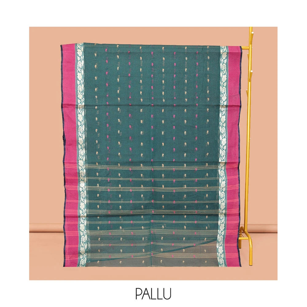 Pothys Green Bengal Cotton Saree Features Thread Buttas, a Contrast Floral Creeper Border, Pallu of Stripes, and Buttas, and a Matching Blouse