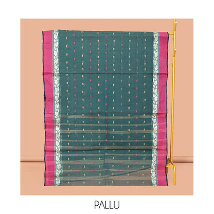 Pothys Green Bengal Cotton Saree Features Thread Buttas, a Contrast Floral Creeper Border, Pallu of Stripes, and Buttas, and a Matching Blouse