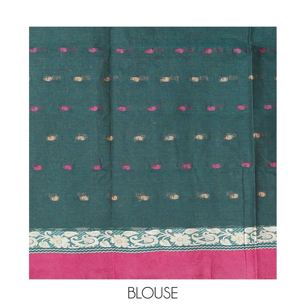Pothys Green Bengal Cotton Saree Features Thread Buttas, a Contrast Floral Creeper Border, Pallu of Stripes, and Buttas, and a Matching Blouse