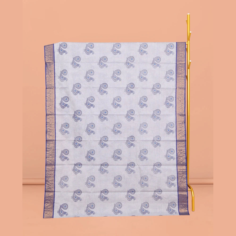 Pothys Blue Andhra Cotton Saree, Adorned with Bird Motifs Print, a Contrast Zari Border, a Pallu of Bird-Print, and a Matching Blouse