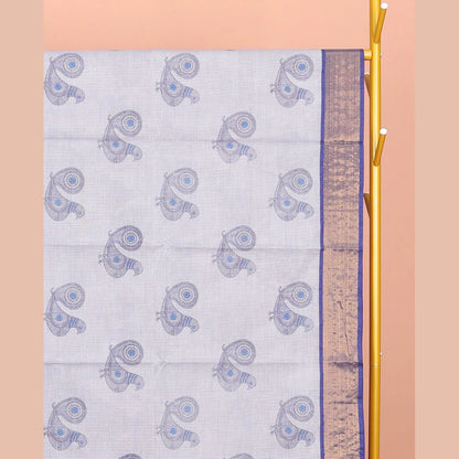 Pothys Blue Andhra Cotton Saree, Adorned with Bird Motifs Print, a Contrast Zari Border, a Pallu of Bird-Print, and a Matching Blouse