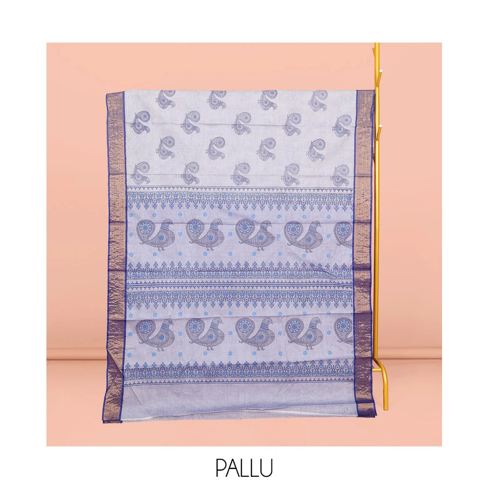 Pothys Blue Andhra Cotton Saree, Adorned with Bird Motifs Print, a Contrast Zari Border, a Pallu of Bird-Print, and a Matching Blouse