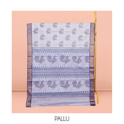 Pothys Blue Andhra Cotton Saree, Adorned with Bird Motifs Print, a Contrast Zari Border, a Pallu of Bird-Print, and a Matching Blouse