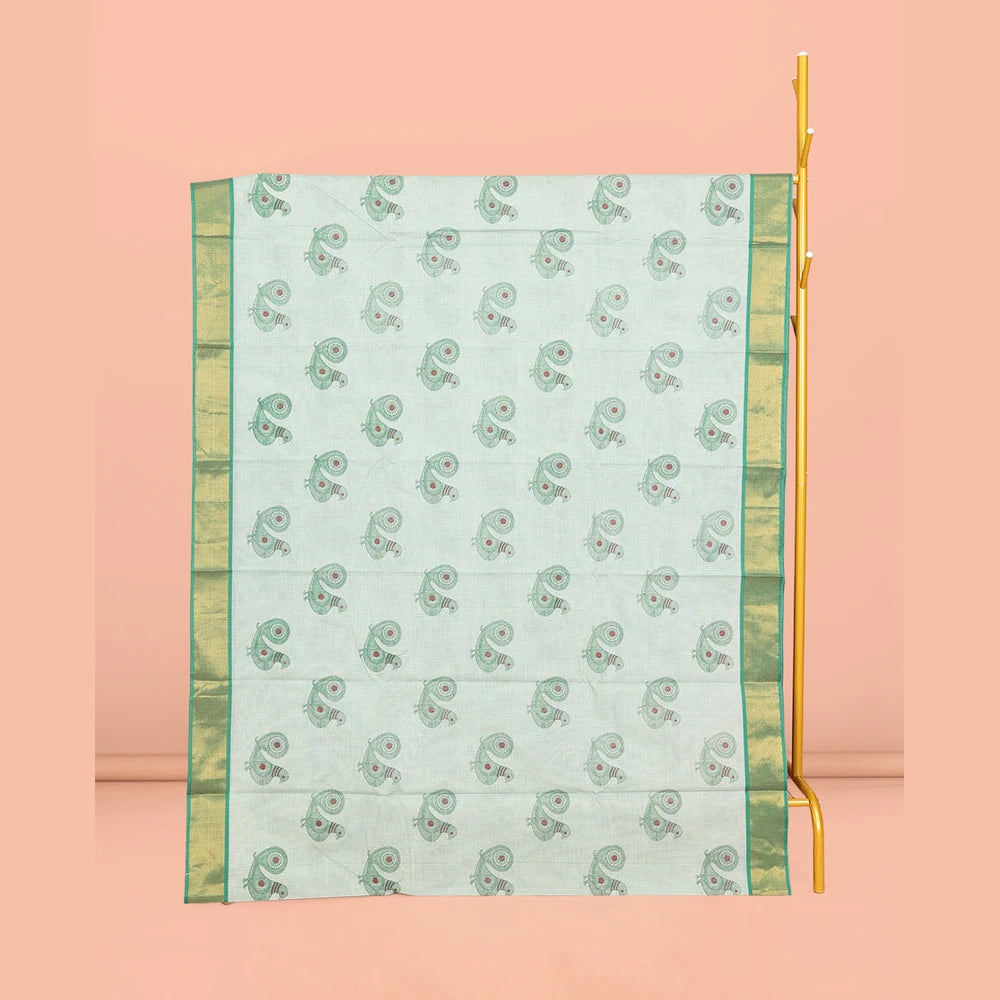 Pothys Green Andhra Cotton Saree, Detailed with Bird Motifs Print, a Contrast Zari Border, a Pallu of Bird-Print, and a Matching Blouse