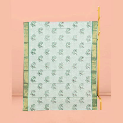 Pothys Green Andhra Cotton Saree, Detailed with Bird Motifs Print, a Contrast Zari Border, a Pallu of Bird-Print, and a Matching Blouse