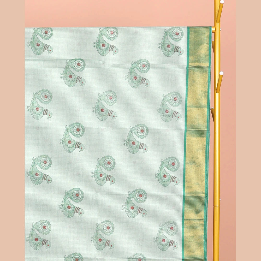 Pothys Green Andhra Cotton Saree, Detailed with Bird Motifs Print, a Contrast Zari Border, a Pallu of Bird-Print, and a Matching Blouse