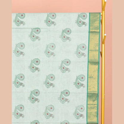 Pothys Green Andhra Cotton Saree, Detailed with Bird Motifs Print, a Contrast Zari Border, a Pallu of Bird-Print, and a Matching Blouse