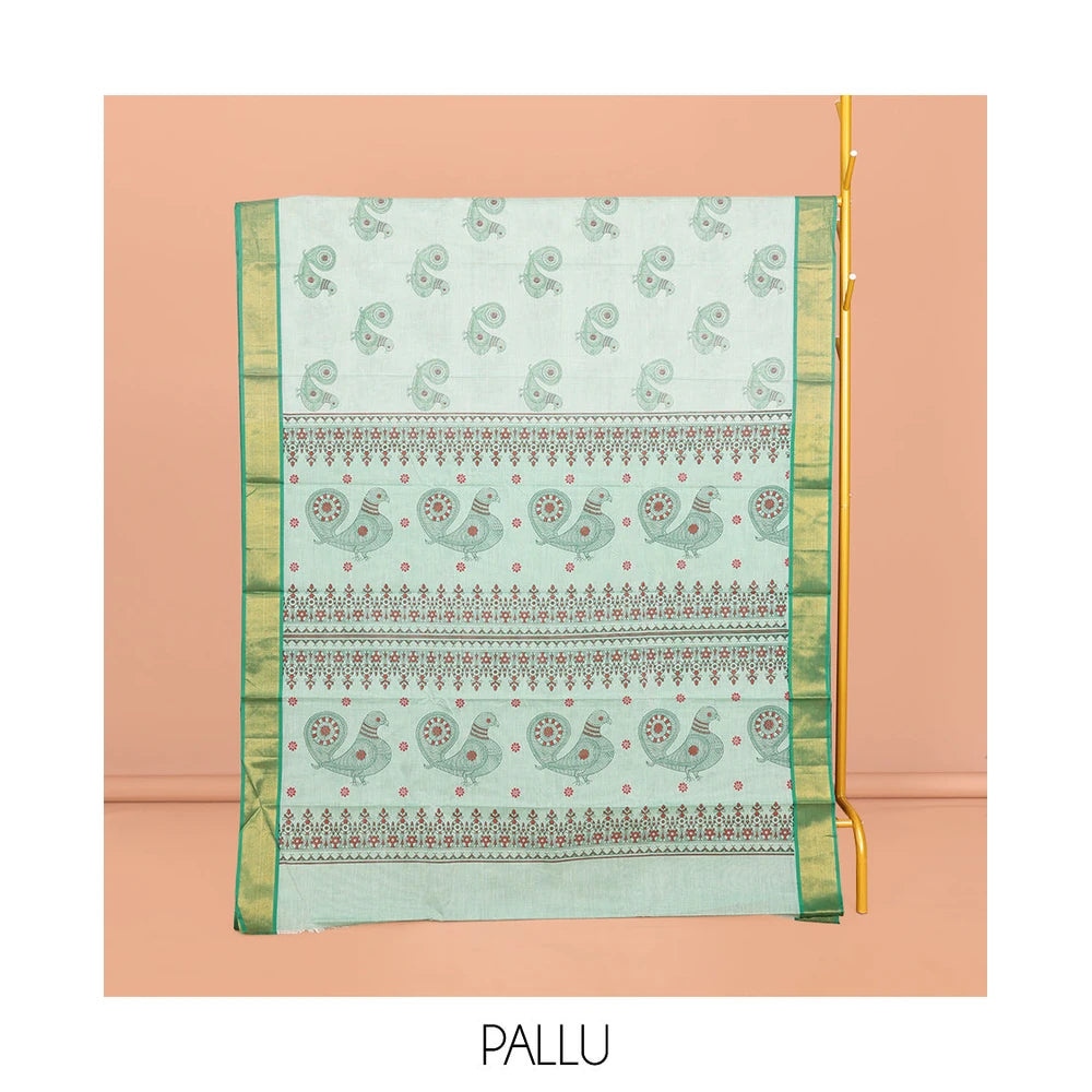 Pothys Green Andhra Cotton Saree, Detailed with Bird Motifs Print, a Contrast Zari Border, a Pallu of Bird-Print, and a Matching Blouse
